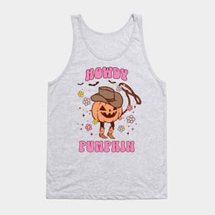 Western Halloween Howdy Pumpkin Pink Jack O Lantern Retro Cowboy Tank Top